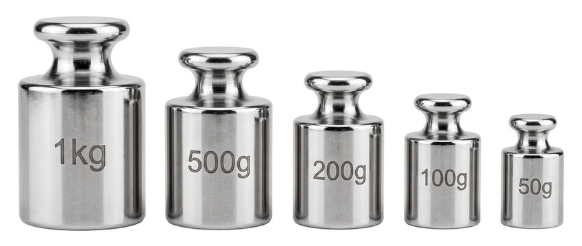 Calibration weights set chrome metal lined up on black background for metric mass balance measurement in laboratory scale precision tests stainless steel 1kg 500g 200g 100g 50g isolated object set