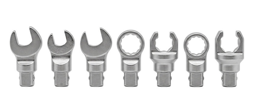 Crowfoot wrench socket set steel tools lined up for mechanical repair and auto maintenance work in industrial garage studio background. Heavy-duty chrome hardware equipment collection.