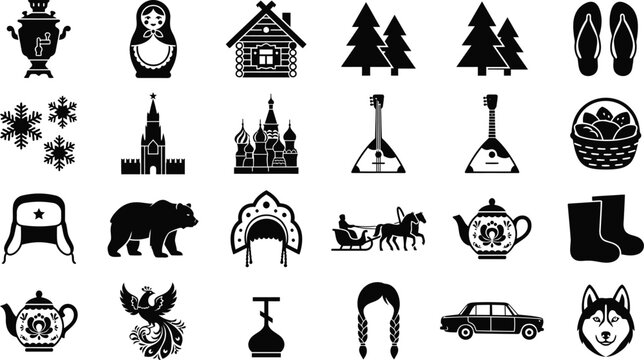 Set of traditional russian culture and heritage silhouette black icons
