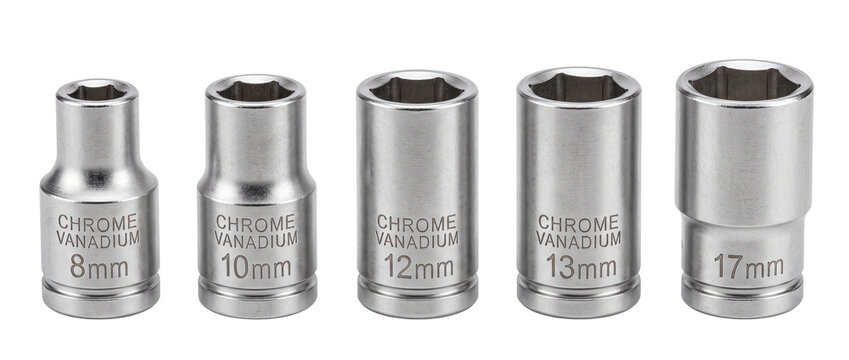 Chrome vanadium socket set metric wrench heads lined up on black background for auto repair and mechanics hardware tool precision maintenance kit equipment professional workshop isolated setup