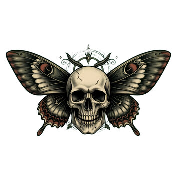 Stylized skull butterfly with intricate wings and occult symbols