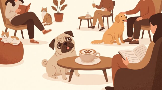 Cute pug looking at coffee cup in cozy cafe room