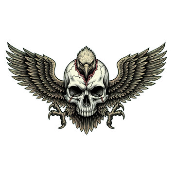 Eagle head merging with human skull and spread wings