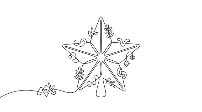 Star decoration adorned with botanical leaves and festive ornaments is rendered in a continuous line art style.