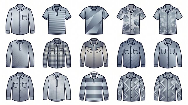 a set of fifteen flat vector illustrations showcasing various styles of men's monochromatic grey shirts
