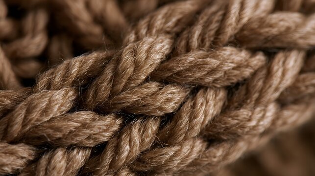 Close up of thick braided rope fibers showing textured surface and natural brown color under soft lighting