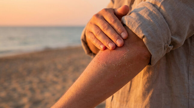 Close up of a person scratching their arm on a beach during sunset suffering from skin allergy irritation itching eczema dermatitis or insect bite with warm golden hour light background.