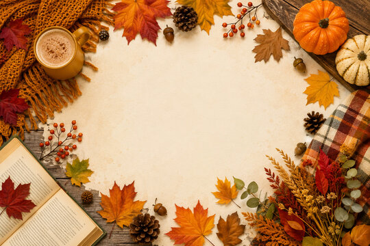 Cozy Fall Season Border Frame Background with Autumn Leaves, Harvest Elements, Blank Center and Presentation Text Space Design Aesthetic Autumn Season Items Things 4