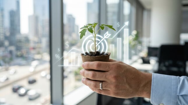 Hands holding seedling with growth charts and financial symbols through office window with close up hand holding small potted plant young seedling
