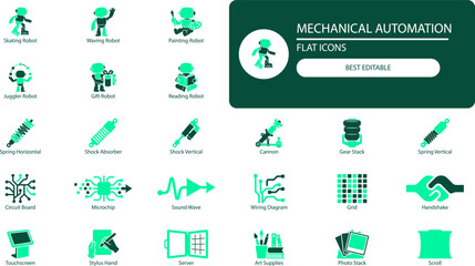 Fototapeta premium Robotics engineering icon set. Silhouette vector collection of robots, shock absorbers, circuit boards, and tools for technology design