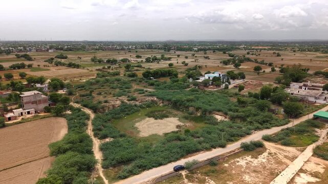 Drone aerial panorama of agricultural fields in Haryana, India
