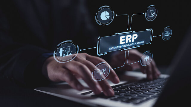 ERP platform visual showing centralized system for enterprise resource planning, improving integration, data flow, business efficiency, finance, inventory, and human resources. Elide