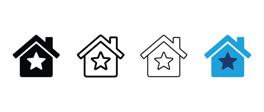house icons with star symbols in different styles and colors isolated on transparent background