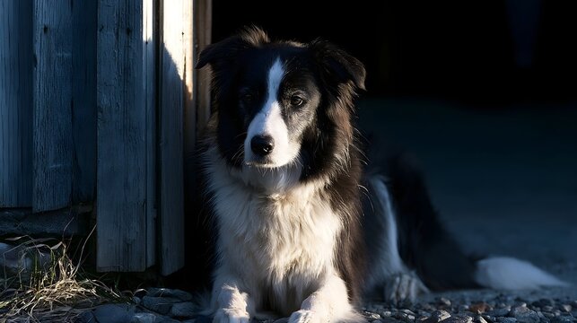 A black and white dog rests near a weathered wooden door in soft morning light  its fur catching the sun with gentle detail