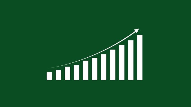 Dynamic animated bar chart showing exponential business growth and financial success with rising trend line arrow on a clean dark green background, for corporate presentations, and reports