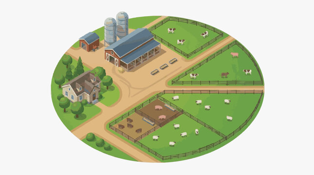 Corporate Farm Showcasing Modern Dairy Barn Silos Residential House and Pasture with Cows Sheep and Pigs
