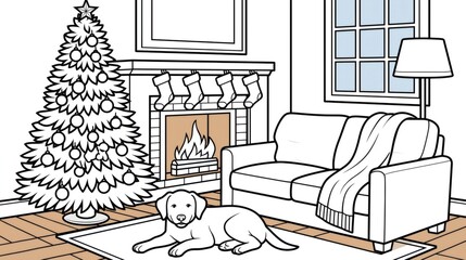 Fototapeta premium Dog relaxing in cozy christmas living room coloring page