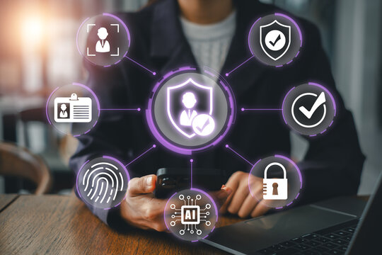 Business professional using digital identity verification technology with facial recognition, fingerprint authentication, AI security and secure online access.