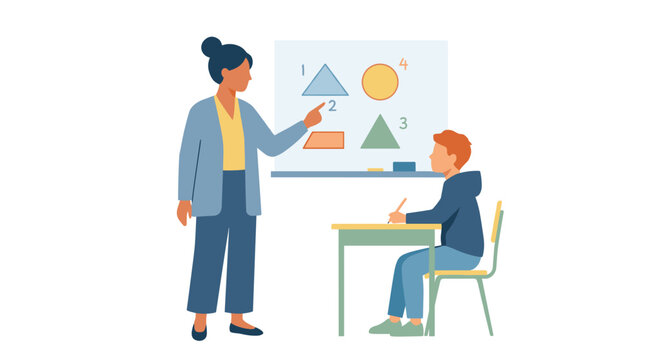 Teacher helping student solve math problem vector illustration