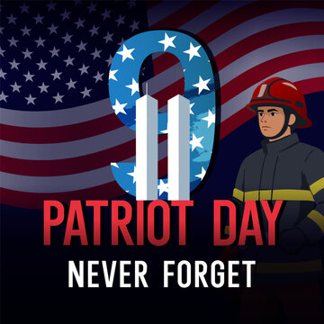 Partiot Day USA, Never Forget 9/11 poster. Vector concept for National Day of Service and Remembrance, September 11th with firefighter and Twin Towers in the background