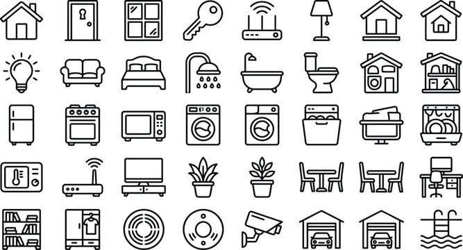 Set of simple black line home and house appliance icons