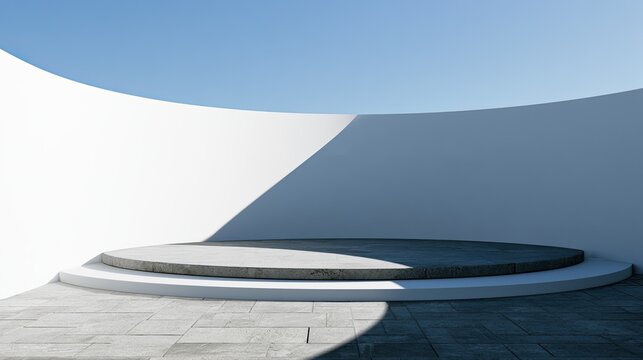 Modern Architectural Podium with Dramatic Shadows and Blue Sky.
