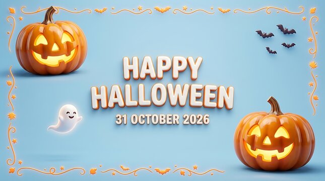 Happy Halloween, 31 October 2026, text decorated with corner pumpkins, ghost, and flying bats on a blue background