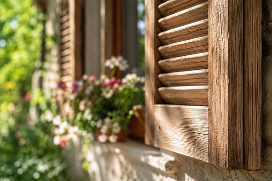 Rustikale Holzfensterl&auml;den mit nat&uuml;rlicher Maserung und Blumen im Hintergrund
