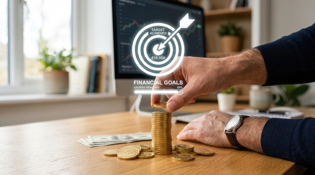 Person celebrating financial goals success with savings stack with achievement graphic financial displays target achievement digital screen displays