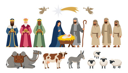 Fototapeta premium Christmas Nativity Scene Character Vector Set Featuring Baby Jesus, Mary, Joseph, Wise Men, Shepherds, Angels, and Manger Animals for Holiday Graphic Designs