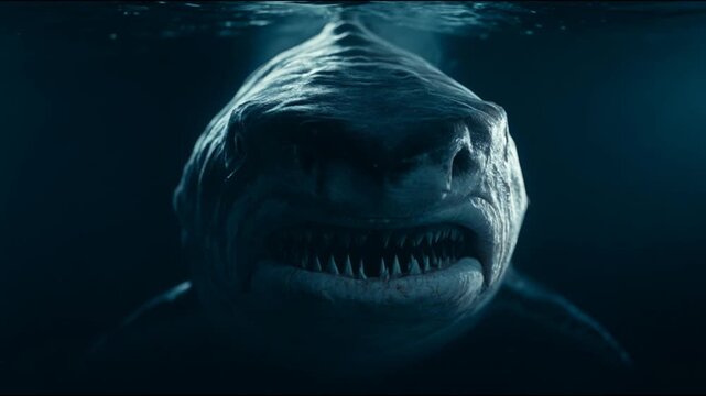 Close-up Underwater Shot of a Fierce Great White Shark Emerging from the Deep