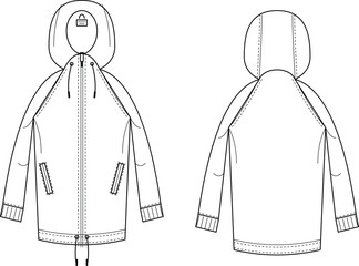 Hooded Jacket Technical Flat Sketch with Front and Back View Details © ProCad