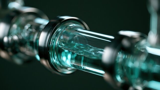 Transparent ethanol flowing through glass inspection tube with polished metal valves