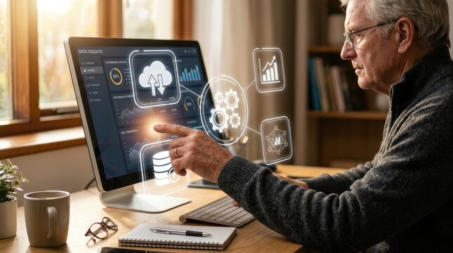 Experienced professional analyzing cloud based data analytics dashboard with futuristic interface with automation icons warmly lit workspace