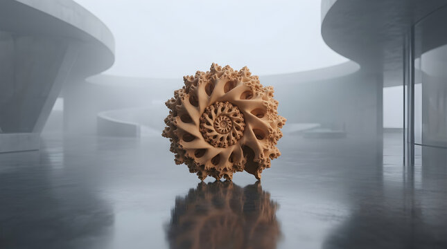 High-end 3D visualization of an ivory tiered ziggurat platform, dramatic upward angle, under a misty foggy sky, with gentle golden light, reflecting on still water, modern aesthetic