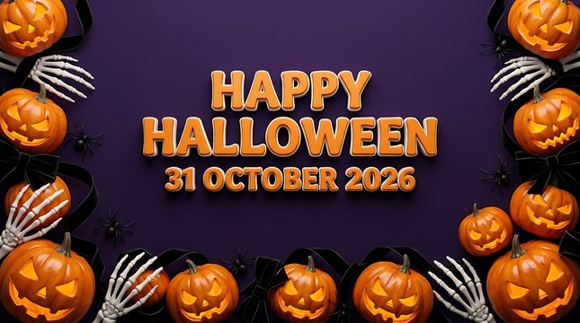 Happy Halloween, 31 October 2026, text framed by carved jack-o'-lantern pumpkins and skeleton hands on a purple background