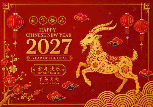 Happy Chinese New Year 2027 &ndash; Year of the Goat with Golden Goat, Red Lanterns and Traditional Floral Decorations