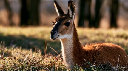 Naklejka premium A calm brown llama rests in sunlit grass with blurred trees in the background showing soft fur and alert ears