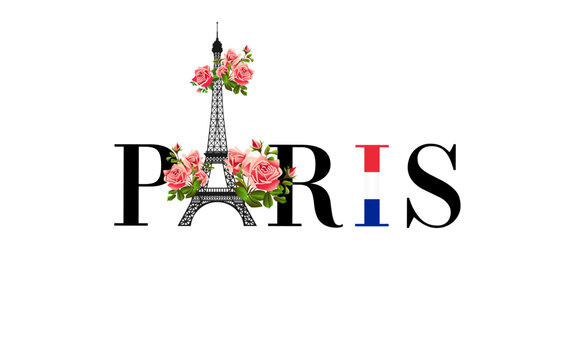 PARIS, creative merch t-shirt design with Eiffel tower. Eiffel Tower, roses and slogan "Paris" - amazing vector graphic for tee