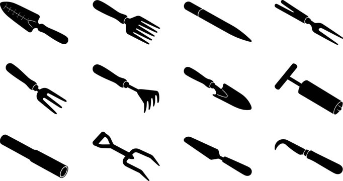 Garden hand tools silhouette icon set for planting, weeding, soil cultivation, and gardening