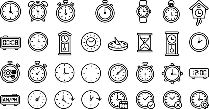 Set of black and white clock and watch icons