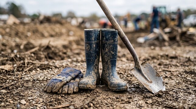 Dirty work boots gloves and shovel on muddy ground with blurred background of disaster recovery efforts