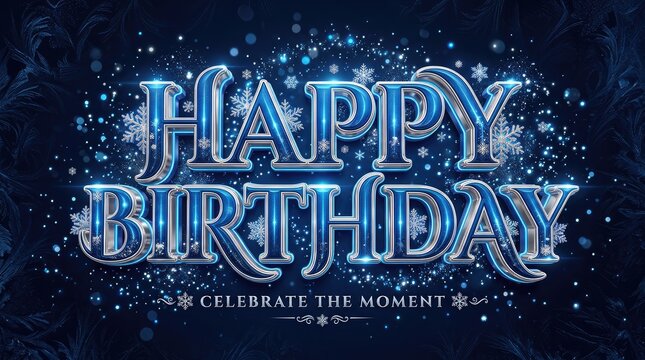 Elegant glowing birthday greeting with sparkling snowflakes with illuminated font surrounded intricate snowflakes twinkling lights against dark