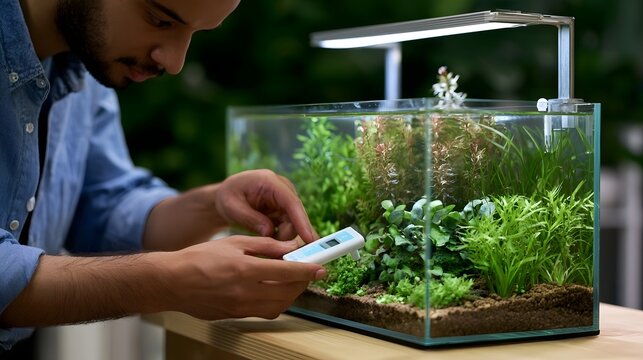 A person carefully measures water parameters inside a lush planted aquarium using a handheld digital tester