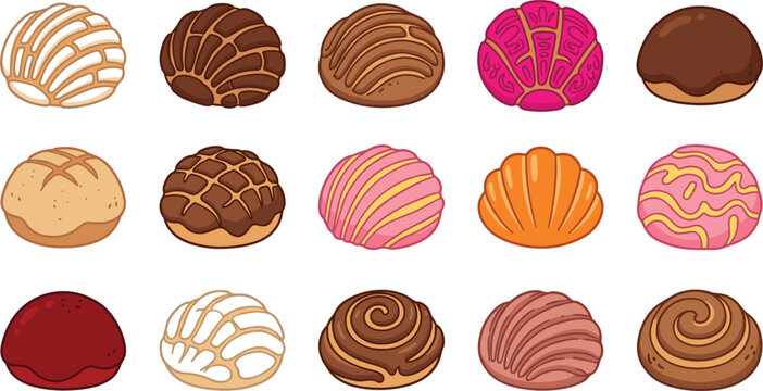 Colorful collection of sweet Mexican conchas, traditional pan dulce pastries, and sweet bread, vector
