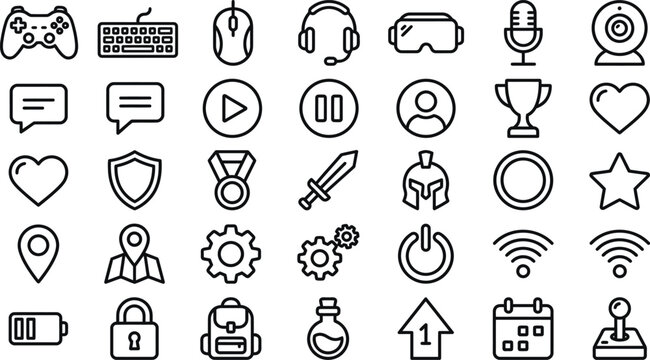 Set of gaming and interface line icons for video games