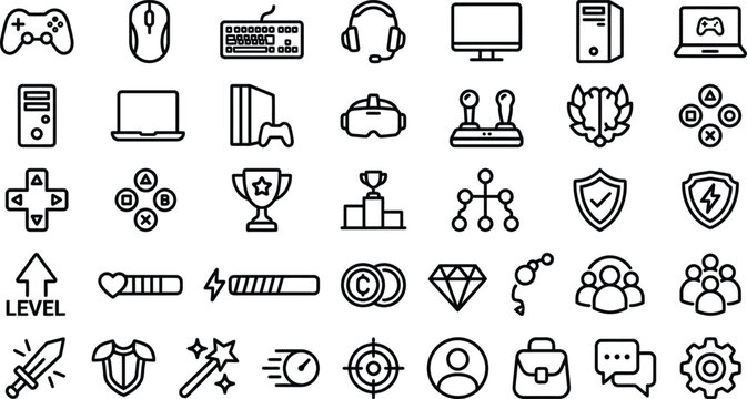 Set of simple black line icons for video games and gaming