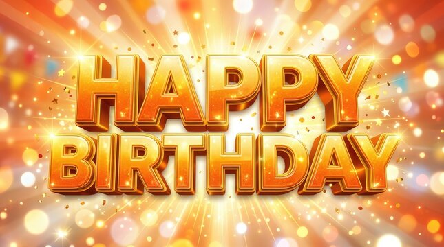 Celebratory golden birthday text with radiant sparkle background with three dimensional birthday greeting bold golden letters against dynamic
