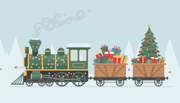 Steam locomotive pulling train cars loaded with holiday presents and a decorated Christmas tree in a snowy landscape setting.