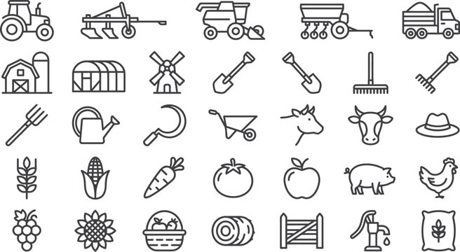 Set of simple outline farm and agriculture icons